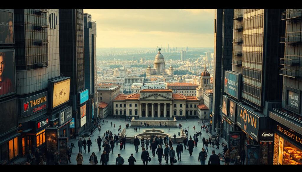 A bustling metropolis, its towering skyscrapers and neon-lit streets a testament to the enduring legacy of ancient civilizations. In the foreground, a diverse array of individuals move through the urban landscape, their dress and behavior reflecting the melding of past and present. The middle ground showcases a grand public square, its ornate architecture and sculptural elements hinting at the rich cultural heritage that has shaped the modern world. In the background, a panoramic view reveals the city's sprawling expanse, a tapestry of architectural styles and technological advancements woven together by the threads of history. Warm, diffused lighting casts a contemplative glow, inviting the viewer to ponder the deep-rooted connections between antiquity and the vibrant, ever-evolving culture of today.
