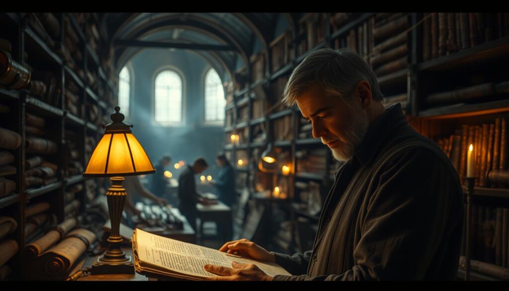 A dimly lit, ancient library interior with rows of crumbling scrolls and manuscripts on wooden shelves. In the foreground, a historian carefully examines a delicate parchment under the warm glow of a desk lamp, their brow furrowed with concern. The middle ground reveals a team of conservators working meticulously to preserve the fragile documents, using specialized tools and techniques. The background is hazy, filled with the faint outlines of towering bookshelves and the gentle flickering of candles, conveying a sense of the passage of time and the challenges of maintaining these irreplaceable historical artifacts.