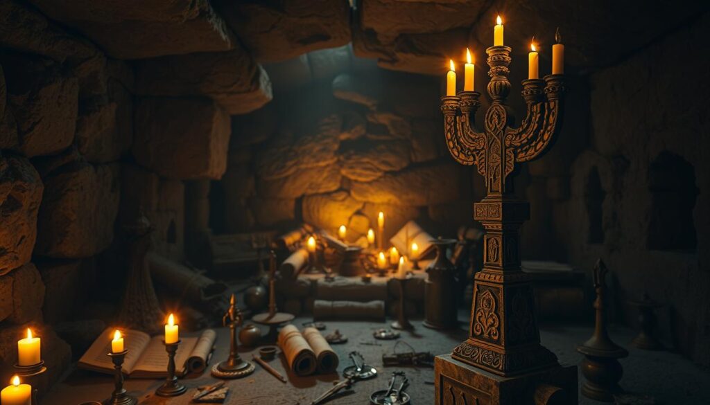 A dimly lit, ancient stone chamber filled with carefully preserved Second Temple artifacts. In the foreground, an ornate stone menorah stands tall, its intricate carvings illuminated by warm, flickering candlelight. Surrounding it, a collection of scrolls, oil lamps, and other sacred relics from the Qumran Caves, their surfaces worn and weathered by the passage of time. In the middle ground, the scene is bathed in a soft, golden glow, creating an atmosphere of reverence and historical significance. The background fades into shadowy corners, suggesting the hidden depths and untold stories of this remarkable archaeological site.