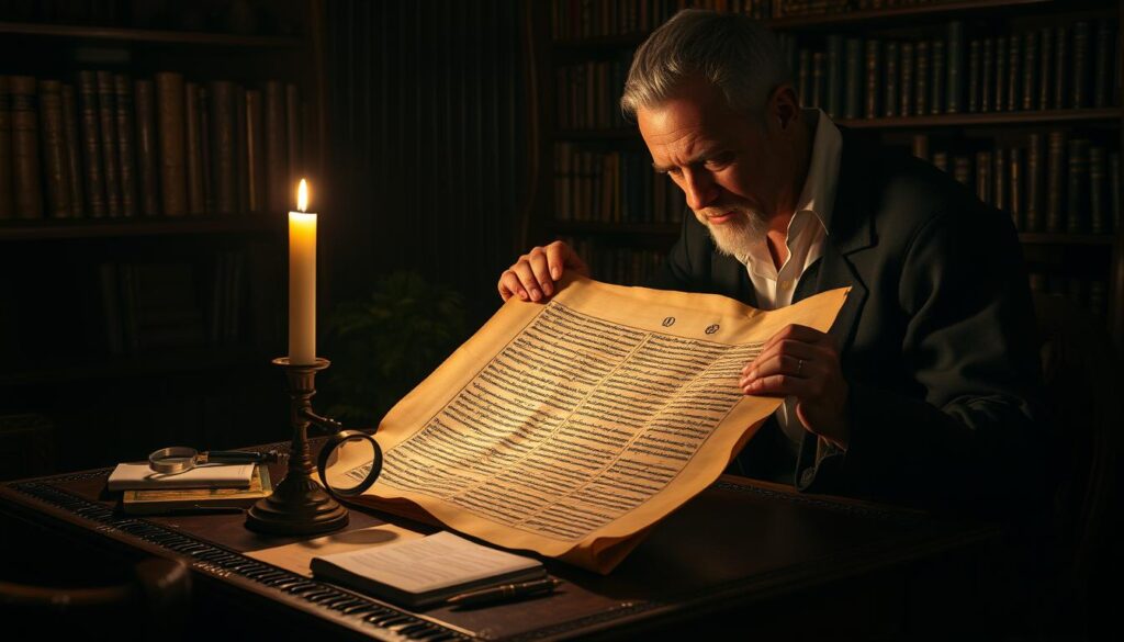 A dimly lit scholarly study, illuminated by the gentle glow of a single candle. Atop an ornate wooden desk, an ancient scroll is carefully unfurled, its yellowed parchment revealing intricate hieroglyphic markings. Magnifying glasses and meticulous notes surround the scroll, as a learned scholar pores over the delicate text, brow furrowed in deep contemplation. Shelves of ancient tomes line the walls, casting long shadows that whisper of the secrets they hold. The atmosphere is one of reverence and quiet discovery, as the scholar unravels the significance of this precious artifact from the past.