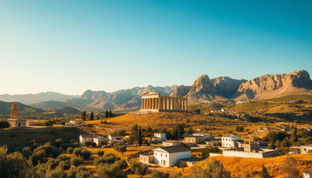 A serene landscape in the biblical heartland, bathed in warm golden light. In the foreground, a humble village nestled among rolling hills, its white-washed stone houses and olive groves evoking a timeless, pastoral scene. In the middle ground, the majestic silhouette of ancient temple ruins stands in quiet contemplation, their weathered columns and arches reflecting the rich heritage of the region. Against a backdrop of rugged, sun-dappled mountains, the sky is a vibrant, cloudless blue, creating an atmosphere of timeless, spiritual tranquility. The scene conveys the profound cultural and historical context of the Holy Land, a place where the past and present coexist in harmonious balance.