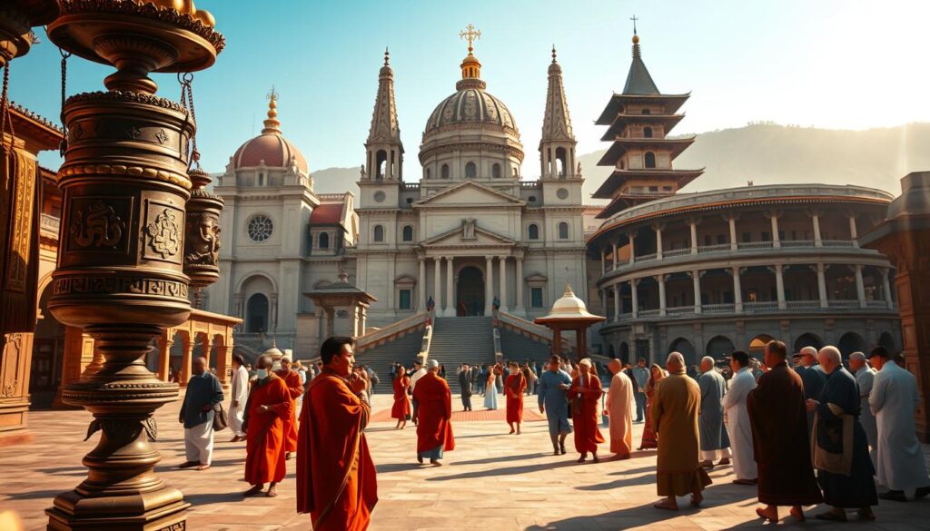A serene temple courtyard, bathed in warm afternoon sunlight. In the foreground, symbols of diverse sacred traditions - a Tibetan prayer wheel, a Hindu Ganesha statue, and Islamic lanterns - stand in harmonious coexistence. The middle ground features devotees of various faiths engaged in quiet contemplation, their robes and gestures conveying a sense of reverence. In the distance, a mosaic of architectural styles - a Gothic cathedral, a Japanese pagoda, and a Greco-Roman amphitheater - rise majestically, representing the global tapestry of religious heritage. The composition exudes a sense of unity, inviting the viewer to reflect on the common threads that bind humanity's spiritual quests.