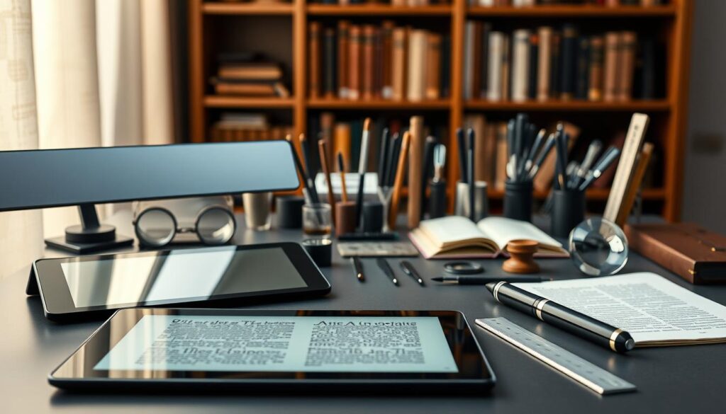 A sleek, modern desk adorned with a diverse array of paleography tools. In the foreground, a high-resolution digital tablet and stylus sit alongside an elegant calligraphy pen and ink well. In the middle ground, a carefully curated selection of specialty magnifying glasses, bone folders, and specialized rulers, all arranged with precision. The background features a softly-lit bookshelf, hinting at the wealth of historical knowledge these tools are designed to uncover. The scene is bathed in a warm, indirect lighting, creating an atmosphere of scholarly contemplation and discovery.