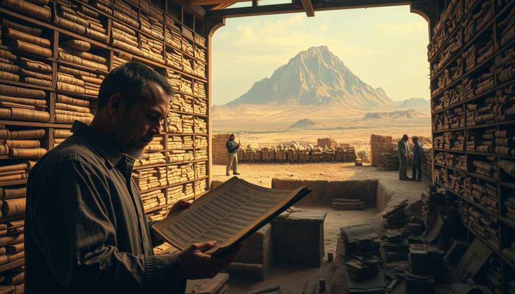 A vast ancient library, its dusty shelves lined with ancient scrolls, stands as a testament to the profound impact of archaeology and religious studies. Soft, warm lighting casts a reverent glow, illuminating the intricate patterns and symbols adorning the crumbling parchment. In the foreground, a lone scholar carefully examines a delicate scroll, their brow furrowed in concentration as they unravel the secrets of the past. The middle ground depicts a team of archaeologists excavating a hidden chamber, their tools brushing away the sands of time to reveal long-buried treasures. In the distant background, a towering mountain range looms, a timeless backdrop to the unfolding revelations. The scene evokes a sense of reverence, discovery, and the enduring power of knowledge to shape our understanding of the divine.
