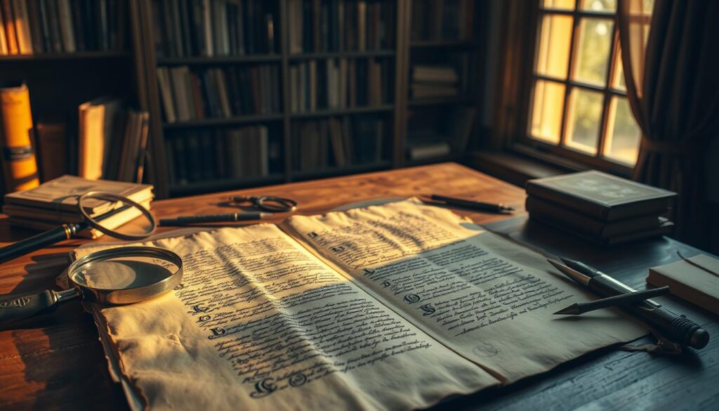 A weathered parchment document lies on a wooden table, surrounded by magnifying glasses, styluses, and other paleography tools. The scene is bathed in warm, golden light from a nearby window, casting subtle shadows and highlighting the intricate textures of the ancient text. In the background, a bookshelf filled with tomes on historical scripts and calligraphy adds to the scholarly atmosphere. The viewer is drawn into the challenges of deciphering the faded, archaic handwriting, inviting them to explore the fascinating world of paleography.