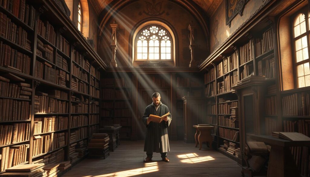 An ancient library, its weathered walls a canvas of time-worn knowledge. Rows of leather-bound tomes stand guard, their pages whispering of civilizations long since passed. In the center, a scholarly figure pores over a parchment, brow furrowed in deep contemplation. Shafts of warm, golden light filter through ornate windows, casting a reverent glow upon the scene. Shadows dance across the floor, hinting at the mysteries that lie within these hallowed halls of historical scholarship. Intricate carvings and tapestries adorn the chamber, each a testament to the rich cultural heritage unearthed by the dedicated archaeologists who came before. A sense of quiet reverence permeates the air, inviting the viewer to step into this timeless realm of discovery and enlightenment.