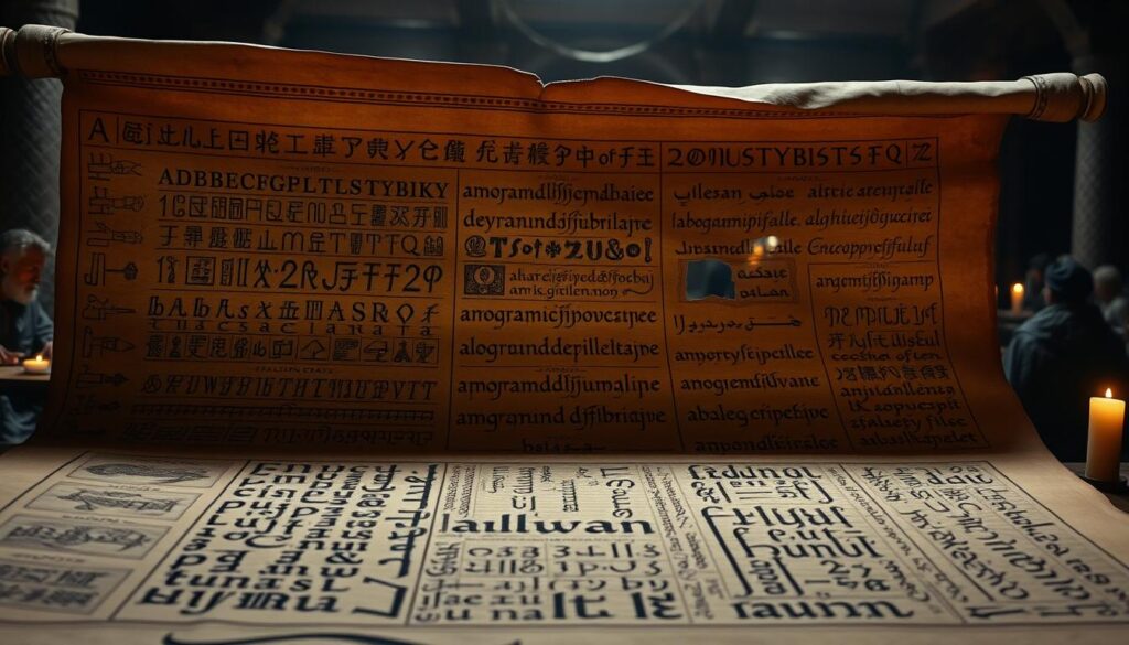 An ancient scroll unfurling, revealing the progression of writing systems across civilizations. In the foreground, ornate hieroglyphics, cuneiform, and early alphabets emerge from the parchment, etched in earthy tones. The middle ground showcases the evolution of calligraphy, with flowing scripts and ornamental flourishes. In the background, the silhouettes of scribes and scholars huddle over their work, illuminated by the warm glow of candlelight. The scene exudes a sense of timeless discovery and the steady march of human ingenuity in the quest to capture and transmit knowledge.