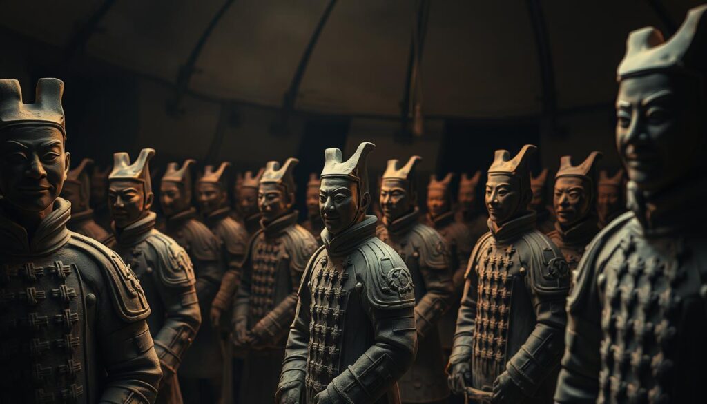 Detailed terracotta warrior statues in a dimly lit underground chamber, carved with intricate facial features and ornate armor. The figures stand in a tight formation, guarding the ancient tomb of the first Qin emperor. Soft, warm lighting casts dramatic shadows, highlighting the weathered textures of the aged clay. The overall atmosphere is one of solemnity and historical significance, capturing the grandeur and mystery of this remarkable archaeological discovery.
