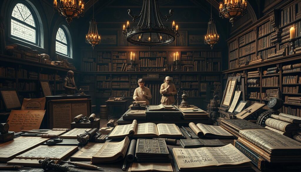 a highly detailed, hyperrealistic scene showcasing the historical evolution of writing scripts, styles, and techniques. The foreground features a diverse array of ancient writing samples, including cuneiform, hieroglyphics, calligraphy, and early typesetting, arranged in a captivating visual timeline. The middle ground depicts scribes, scholars, and artisans meticulously crafting these various forms of written communication, surrounded by ancient texts, scrolls, and writing implements. The background sets the scene in a dimly lit, atmospheric library or scriptorium, with ornate architectural details, chandeliers, and shelves brimming with aged manuscripts. The overall lighting is dramatic, with a warm, golden glow accentuating the textures and details of the historical artifacts. The composition strikes a balance between reverence for the past and a sense of the painstaking process behind the evolution of writing.