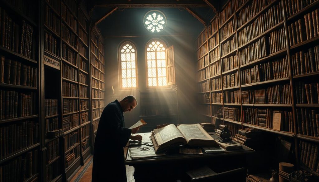 a mysterious ancient library with tall shelves lined with old leather-bound books, partially illuminated by a warm, soft light filtering through dusty windows; a lone scholar dressed in a dark robe poring over an ornate, weathered manuscript on an ornate wooden desk, surrounded by scattered parchments and artifacts; in the shadowy corners, glimpses of other historic relics and treasures, hinting at long-lost secrets waiting to be uncovered